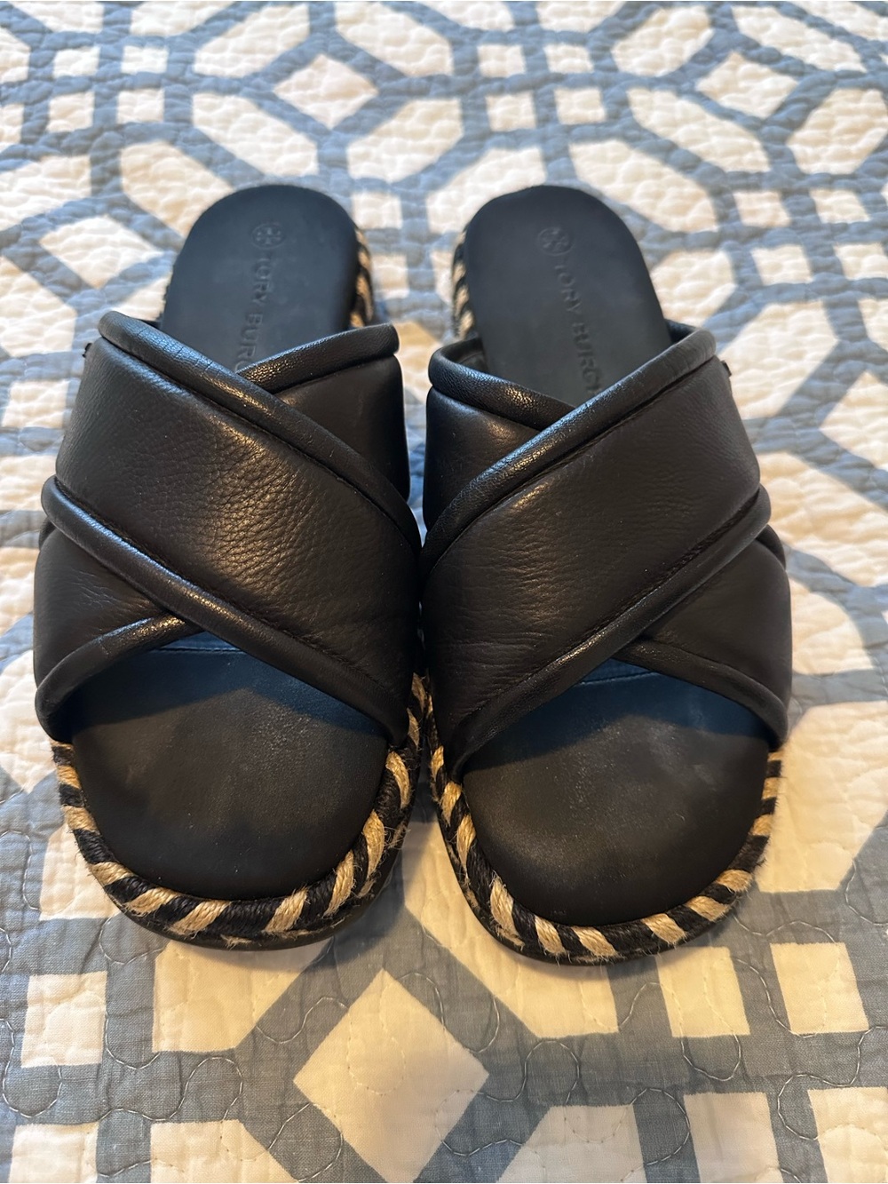 Tory Burch Black Leather Slide Sandals with Braided Trim - Picture 2 of 3